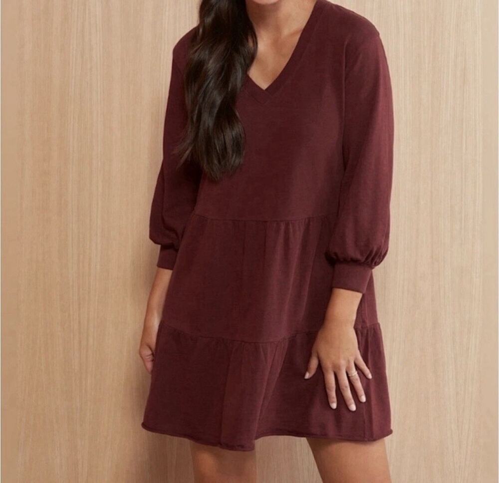 Nation LTD Brinley Burgundy Tiered Cotton Mini Dress XS V-Neck Quiet Luxury